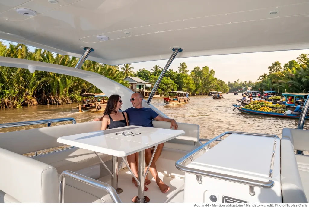 Shaded flybridge seating on Aquila 44