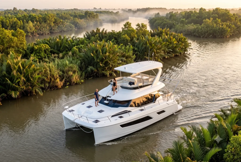 Aquila 44 power catamaran on a Mekong canal